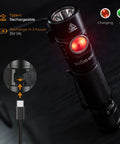 Powerful 2000 Lumen Pocket Flashlight with SST40 LED featuring USB C charging, black compact design, and charging indicator.