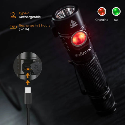 Powerful 2000 Lumen Pocket Flashlight with SST40 LED featuring USB C charging, black compact design, and charging indicator.