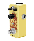 Side view of Dope Optical Compressor Pedal for Electric Guitar and Bass with smooth attack, yellow metal housing, true bypass.