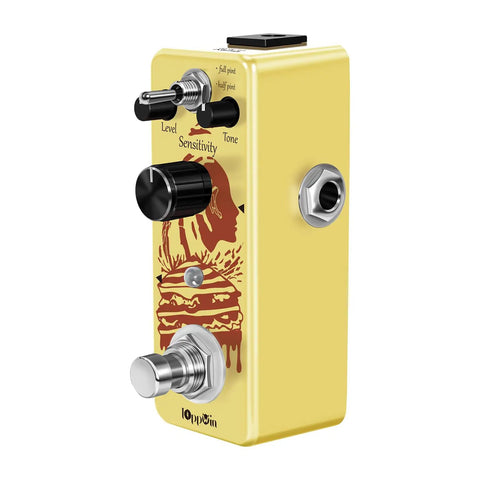 Side view of Dope Optical Compressor Pedal for Electric Guitar and Bass with smooth attack, yellow metal housing, true bypass.
