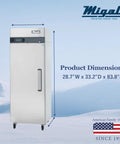 Kickass One Door Reach In Freezer 23 Cu Ft Left Hinged Polished Stainless Steel showing dimensions 28.7"W x 33.2"D x 83.8"H.