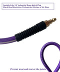 Close-up of 1/4 inch brass quick plug and black bend restrictor on Top Shelf 3/8 X 50 Ft Air Hose Kink Resistant Hybrid Rubber Compressor Line.