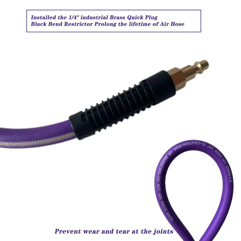 Close-up of 1/4 inch brass quick plug and black bend restrictor on Top Shelf 3/8 X 50 Ft Air Hose Kink Resistant Hybrid Rubber Compressor Line.