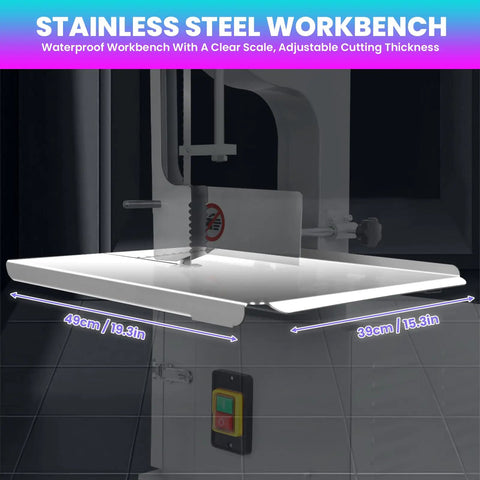 Heavy Duty Commercial Electric Bone Saw With Stainless Steel Table And Eight Replacement Blades 2500W Meat Bandsaw, stainless steel workbench with clear scale.