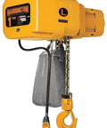 Rock Solid Heavy Duty Electric Chain Hoist 10,000 Lb Capacity 208/230/460V Voltage Ten Foot Lift 11 Fpm Speed electric hoist with chain and hook, yellow color.