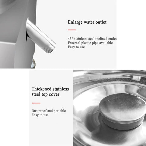Close-up of No Sweat Electric Commercial Salad Spinner 22 Liter Auto Timer's stainless steel water outlet and top cover.