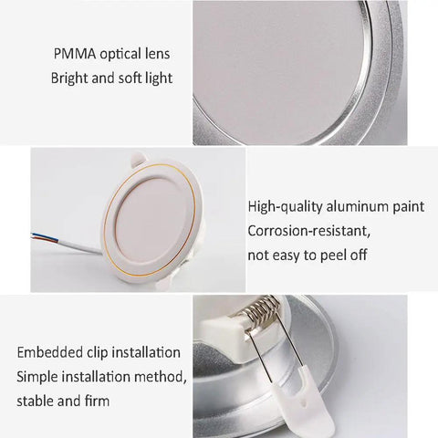 Close-up of UWYTGF 13 Pack Retrofit Led Recessed Lighting 4 Inch PMMA optical lens, aluminum body, embedded clip installation.