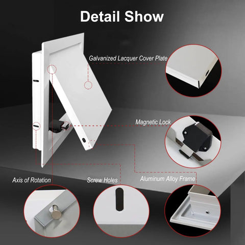 Slick Drywall Access Panel With Magnetic Lock, White Aluminum Frame For Wall And Ceiling showing details like screw holes and magnetic lock.