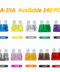 140 Piece Auto Fuse Assortment Kit With ATC ATO APR And ATS Blade Types stored in rugged case, showcasing various fuses from 2A to 35A.