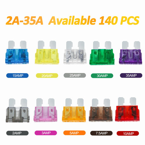 140 Piece Auto Fuse Assortment Kit With ATC ATO APR And ATS Blade Types stored in rugged case, showcasing various fuses from 2A to 35A.