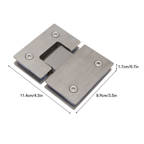 Stainless Steel Frameless Glass Shower Door Hinge 180 Degree Heavy Duty, dimensions shown, auto close included
