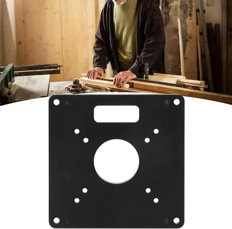 Heavy Duty Aluminum 6061 Router Table Insert Plate 120X120Mm 8Mm Thick with adjustable leveling feet in woodworking setup.