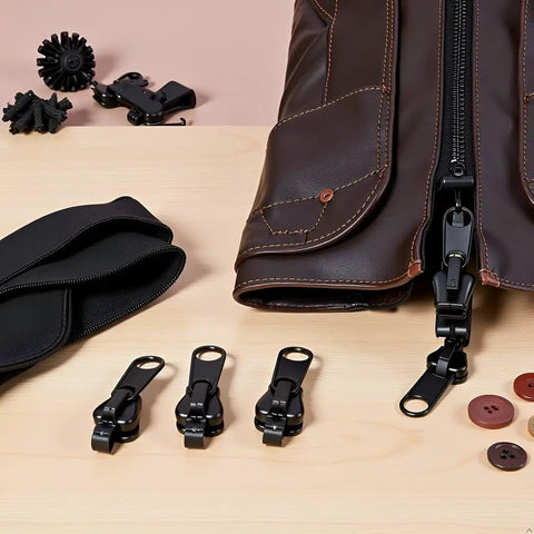 12 Piece Black Zipper Repair Kit With Removable Sliders for jackets, clothes, backpacks, featuring sliders on wooden surface.