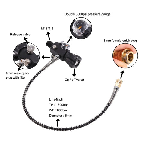 Close-up of valves and pressure gauge for Beefy 4500 Psi 9L Carbon Fiber Scuba Tank With M18x1.5-6H Valve for diving.