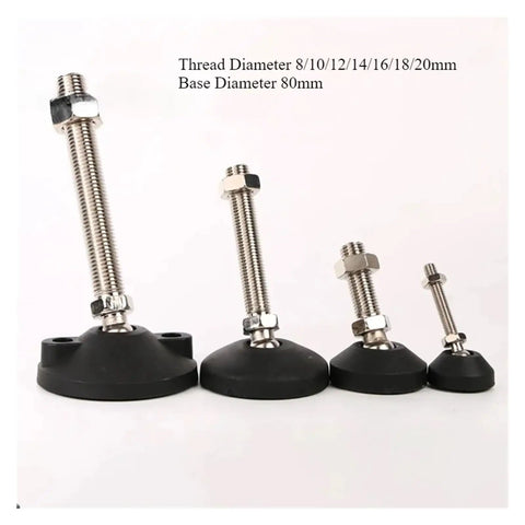 Rock Solid Nylon Universal Adjustment Feet M8 To M20 Sizes Adjustable Leveling Glides in various heights and diameters.