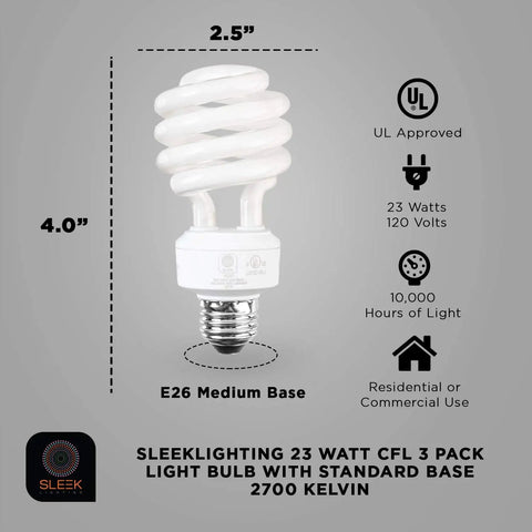 Three Pack 23W CFL Light Bulbs With E26 Base 2700K Warm White 1600 Lumens Brightness 100W Equivalent Great For Home Use Energy Efficient Long Lasting Up To 10000 Hours UL Listed
