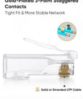 Side view of transparent RJ45 connector with gold-plated contacts, suitable for solid or stranded UTP cables. 100 Pack Cat6 RJ45 Connectors For Solid And Stranded UTP Ethernet Cables Crimp On Ends Transparent Clear Finish Plug And Play Network Plugs With Snug Easy Install For Home Or Office Use.