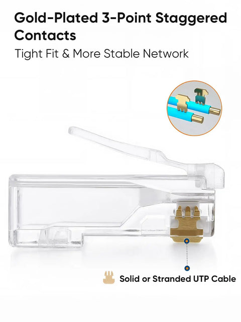 Side view of transparent RJ45 connector with gold-plated contacts, suitable for solid or stranded UTP cables. 100 Pack Cat6 RJ45 Connectors For Solid And Stranded UTP Ethernet Cables Crimp On Ends Transparent Clear Finish Plug And Play Network Plugs With Snug Easy Install For Home Or Office Use.