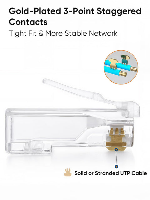 Close-up of clear 50 Pack Cat6 RJ45 Connectors For Solid And Stranded UTP Ethernet Cables, Crimp Ends For 24 To 26 AWG.