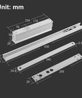 Diagram of concealed door closer with automatic hydraulic soft close damper and hold open for doors weighing 99 to 187 lbs