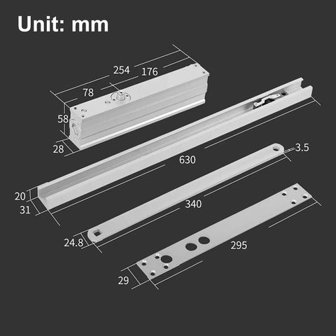 Diagram of concealed door closer with automatic hydraulic soft close damper and hold open for doors weighing 99 to 187 lbs