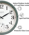 Cool Outdoor And Indoor Weather Station Clock With Thermometer Fahrenheit And Celsius Analog Two In One Wall Decor In Aged Teal Finish 13 Inch Perfect For Patio Porch Garden Kitchen Or Office Wall Mount showing close-up of aged teal finish and protective glass lens.