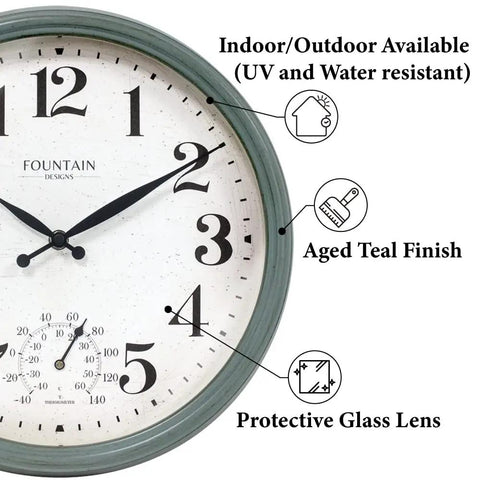 Cool Outdoor And Indoor Weather Station Clock With Thermometer Fahrenheit And Celsius Analog Two In One Wall Decor In Aged Teal Finish 13 Inch Perfect For Patio Porch Garden Kitchen Or Office Wall Mount showing close-up of aged teal finish and protective glass lens.