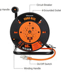 Heavy Duty Retractable Sixty Foot Extension Cord Reel With Metal Stand for indoor outdoor garage workshop and backyard use