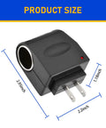 Hassle Free 220V AC To 12V DC Power Inverter With Universal Cigarette Lighter Plug, 2.95" x 2.2" x 1.18", black, compact design.