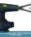 Close-up of a Powerful 3 Amp Random Orbital Palm Sander with Variable Speed, showing the swiveling ball joint cord connection and vacuum adapter.