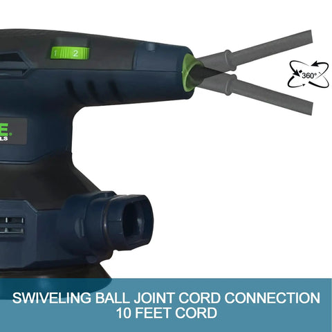 Close-up of a Powerful 3 Amp Random Orbital Palm Sander with Variable Speed, showing the swiveling ball joint cord connection and vacuum adapter.