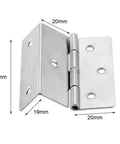 Close-up of Four Pack Silver 59mm Cabinet Door Hinge Set for Luggage, Jewelry Boxes, Suitcases and Vintage Furniture with dimensions