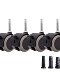 Kickass Two Inch Swivel Caster Wheels For Furniture, Smooth As Butter Silent Nylon Castors With Grip Stem, Handles Heavy Loads Without Breaking A Sweat, Top Shelf Floor Protecting Four Pack, set of four casters close-up with grip stems.