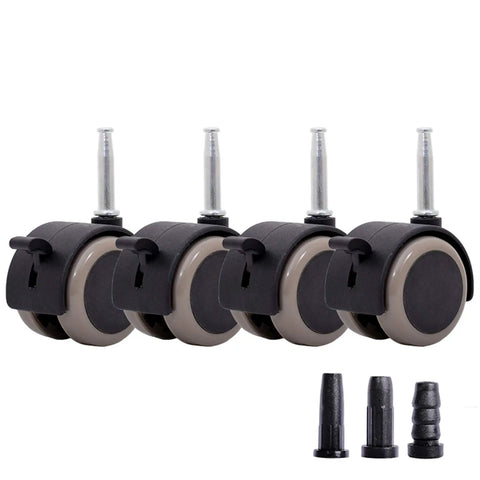Kickass Two Inch Swivel Caster Wheels For Furniture, Smooth As Butter Silent Nylon Castors With Grip Stem, Handles Heavy Loads Without Breaking A Sweat, Top Shelf Floor Protecting Four Pack, set of four casters close-up with grip stems.