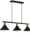 3 Light Kitchen Island Pendant Light Fixture Dope Farmhouse Linear Hanging Lighting Industrial Chandelier Matte Black Finish For Kitchen Bar Dining Room Pool Table with three black cone lampshades.