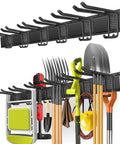 Heavy Duty Garage Tool Organizer With 48 Inch Rails And Six Double Layer Hooks, Wall Mount Storage Rack with tools displayed