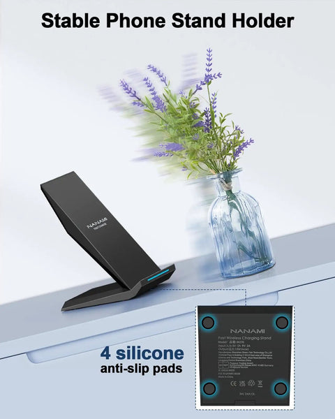 Two Coil Fast Wireless Charger Stand For iPhone 17 17 Air 16 15 15 Pro 15 Plus 14 13 And Galaxy S22 S23 S24 S25 S26 on desk with vase