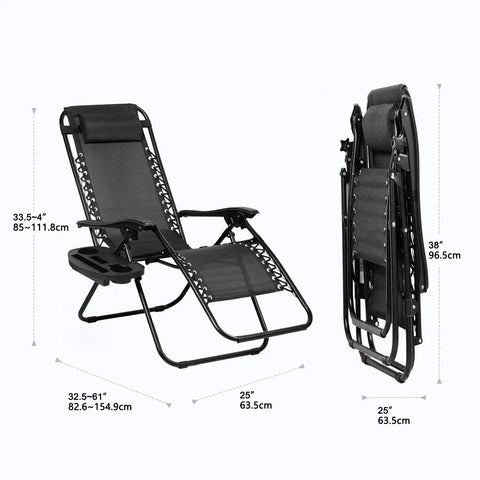 Set Of Two Adjustable Zero Gravity Relaxing Patio Chairs With Steel Mesh Frame Lockable Reclining System Pillow And Cup Holder Outdoor Chill Lounge Chairs For Deck Patio Or Beach Black shown