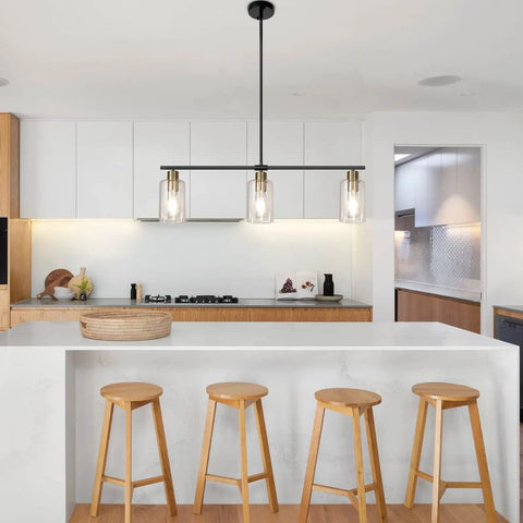 Three Light Linear Farmhouse Kitchen Island Lighting In Black And Gold Finish With Glass Shades Modern Industrial Pendant Lights