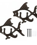 Dead Reliable Cast Iron Fish Wall Hooks 2 Pack with screws, 6 7 inches, matte brown, perfect for nautical coat hanging.