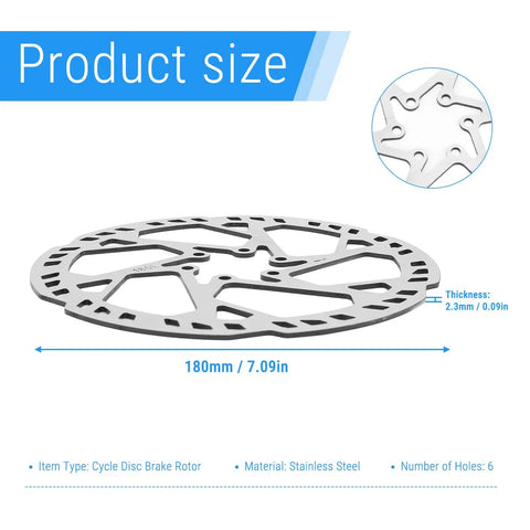 Beefy 180mm Six Bolt Bike Disc Brake Rotor For Road And Mountain Bikes 2.3mm Thick SUS410 Stainless Steel Durable All Weather Braking Performance In Any Weather, showing rotor size and thickness details