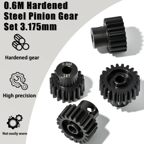 Beefed-Up Hardened Steel Pinion Gear Set For One-Tenth Scale RC Cars, 3.175mm Shaft, 18T 19T 20T 21T Teeth, high precision gears