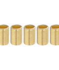 Straight Up Durable Heavy Duty Brass Lamp Pipe Nipples 5 Pack Slick Finish 1/8IP Thread solid couplers in a row, showcasing their smooth finish.