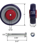 Smooth Rolling Five Inch Cart Wheels Replacement Kit Contains Five Sixteen Inch Axle Silent Rubber Caster Treads Built Tough To Crush Daily Hauls Effortless Glide On Busy Supermarket Floors Rock Solid Reliable Setup, 5-inch rubber wheel with bolt.