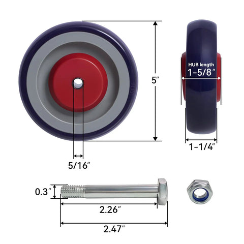 Smooth Rolling Five Inch Cart Wheels Replacement Kit Contains Five Sixteen Inch Axle Silent Rubber Caster Treads Built Tough To Crush Daily Hauls Effortless Glide On Busy Supermarket Floors Rock Solid Reliable Setup, 5-inch rubber wheel with bolt.