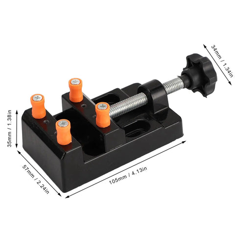 Aluminum Alloy Handheld Drill Press Vise Clamp Opens 0-2.1 Inches black base with orange pegs and screw mechanism