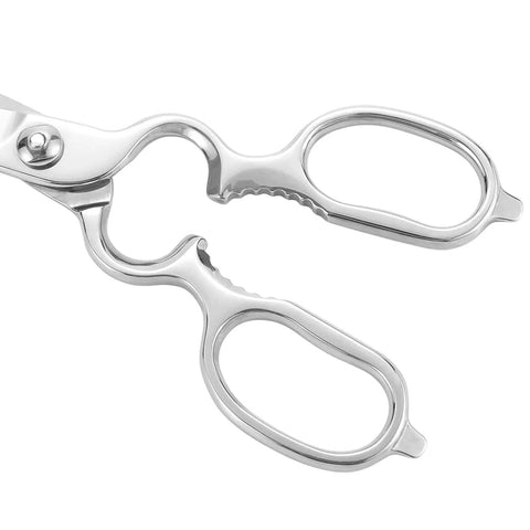 Heavy Duty 8.5 Inch Forged Stainless Steel Kitchen Shears Beast Mode Multipurpose Scissors close-up of silver handles and pivot