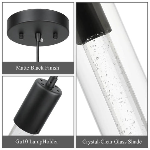 Black Pendant Light Fixture For Kitchen Island And Dining Table With Bubble Crystal Glass Shade And LED Bulb Included Matte Black