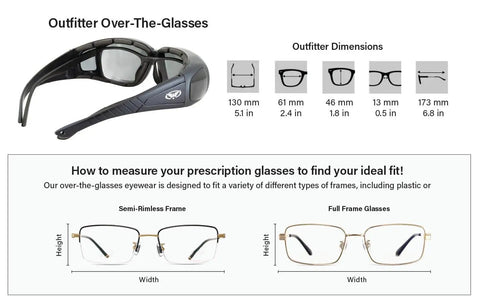 Over Glasses Motorcycle Safety Sunglasses 2 Pack Smoke And Clear Lenses For Day And Night Use Ride Ready with dimension guide