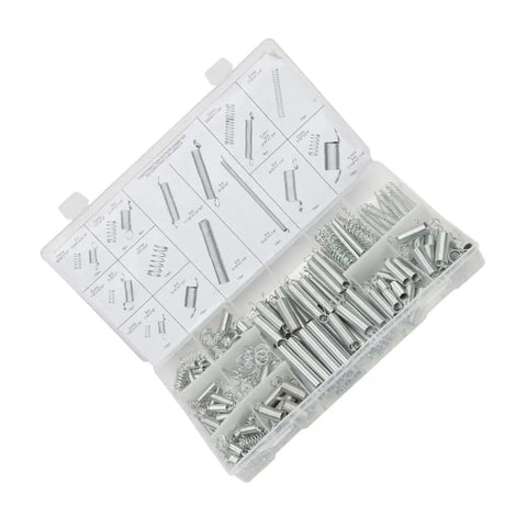 Top Notch 200 Piece Heavy Duty Spiral Spring Assortment Kit With Galvanized Finish For Auto Engines And Major Appliances Plus Electronics Repair And Measuring Instruments That Rock Hard Use, open plastic case